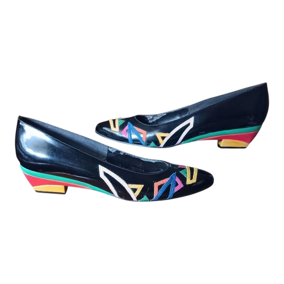 Vintage 80s Selby Black Patent Leather W Colorful Geometric Design 8 Narrow - Picture 4 of 10